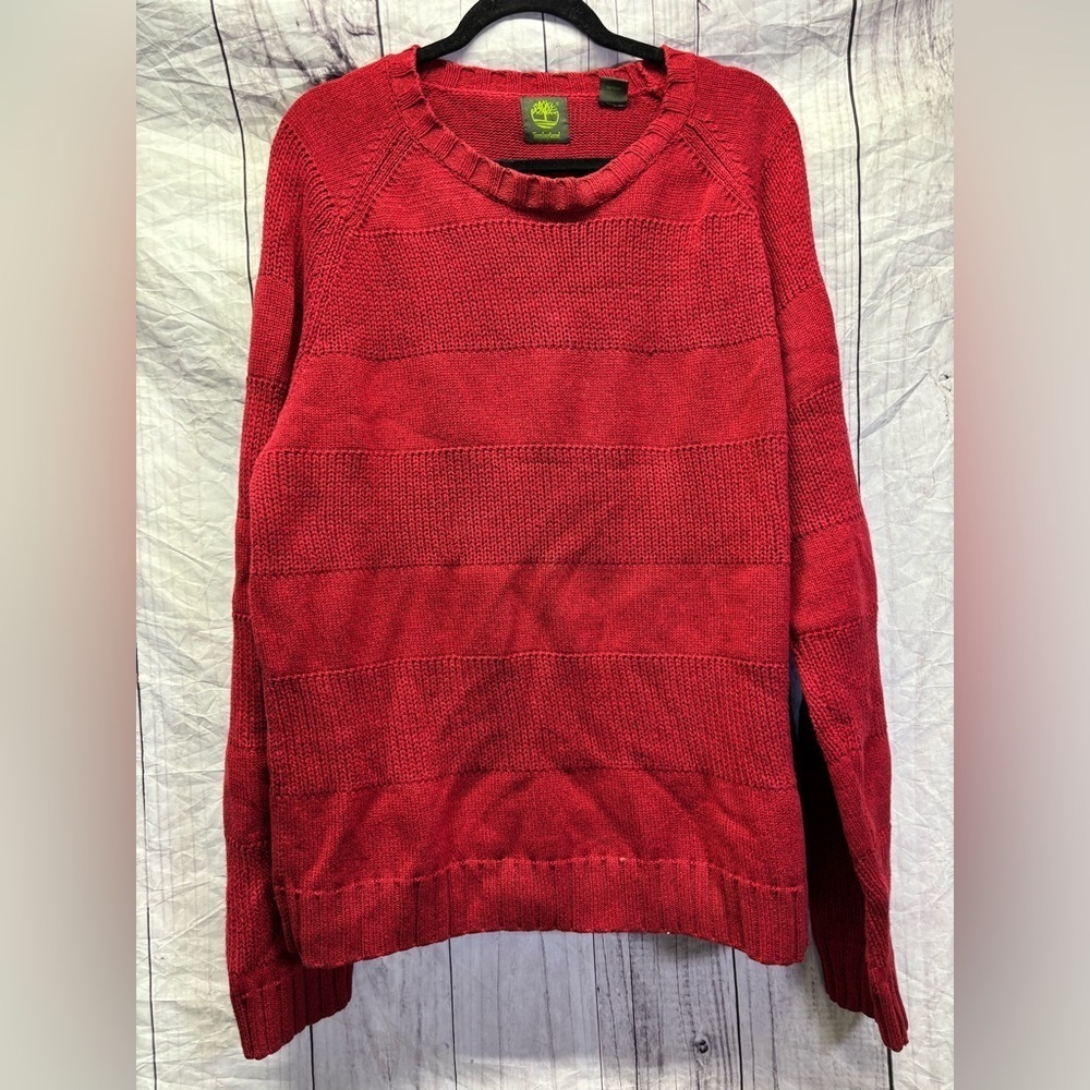 Timberland Red Cable Knit Sweater 100% Cotton Heavy Ribbed Weave Pullover XL